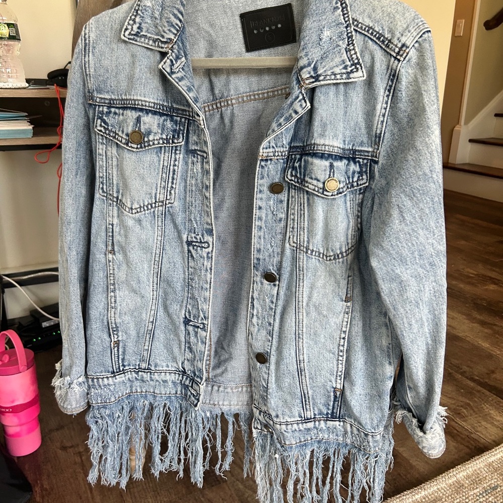 Blank NYC Light Blue Denim Jacket with Fringe